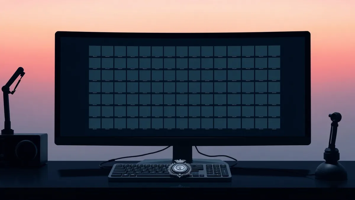 Illustration: A dark computer monitor displays a blank grid of thumbnail image placeholders arranged in neat rows.
