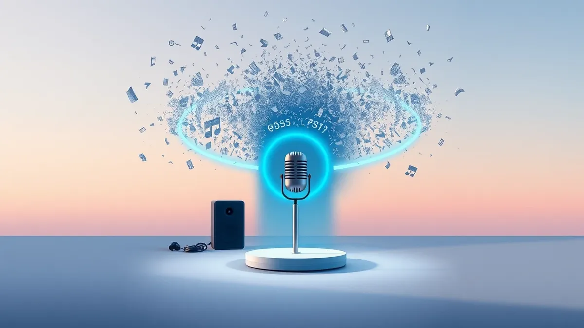 Illustration: A sleek black speaker sits on a stage floor, emitting soft blue light waves that form a protective ring around a floating microphone.