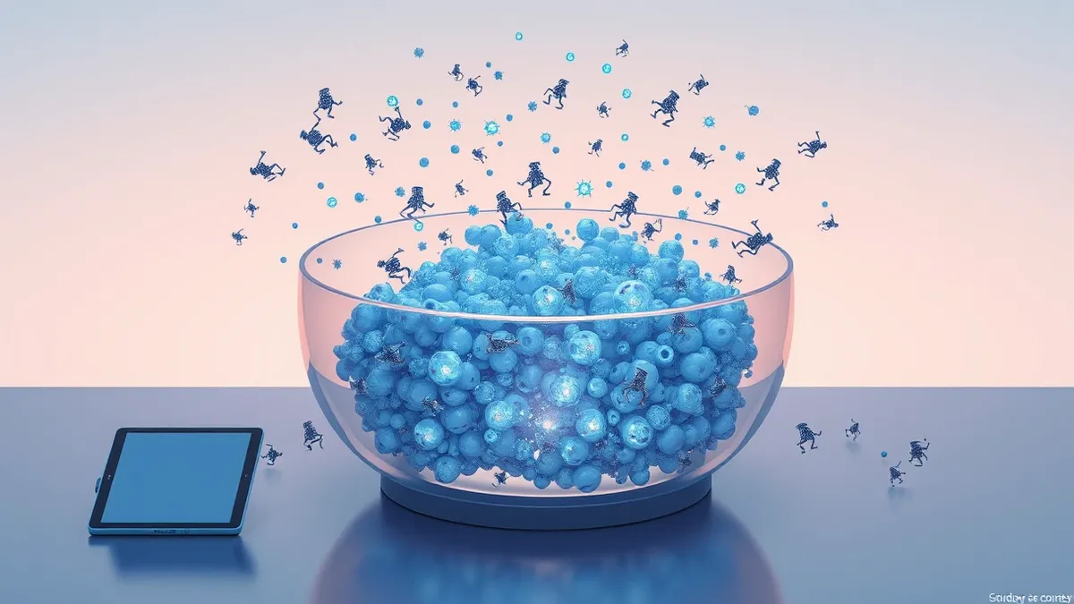 Illustration: A transparent glass petri dish holds a swirling mass of glowing blue cellular structures.