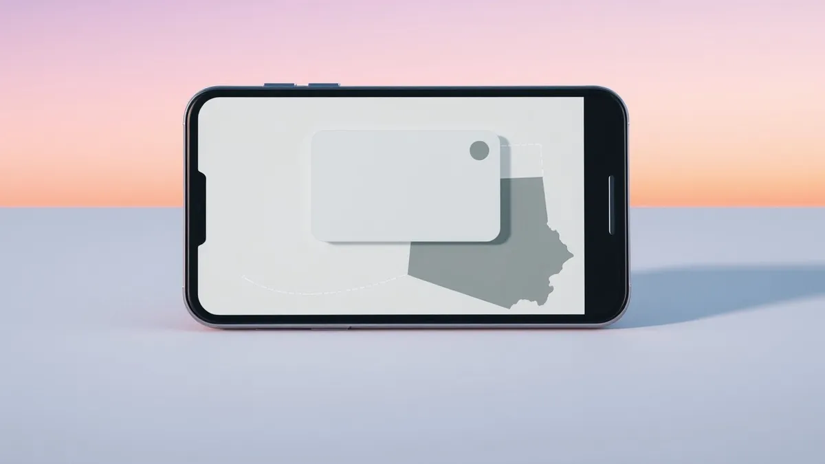 Illustration: A smartphone screen displays a blank digital wallet card resting on a state map outline.