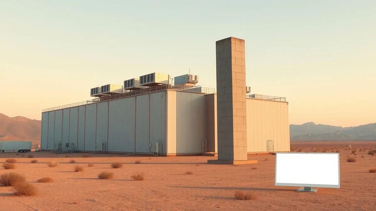 Illustration: A large industrial building with massive air conditioning units on the roof stands in a barren desert landscape.