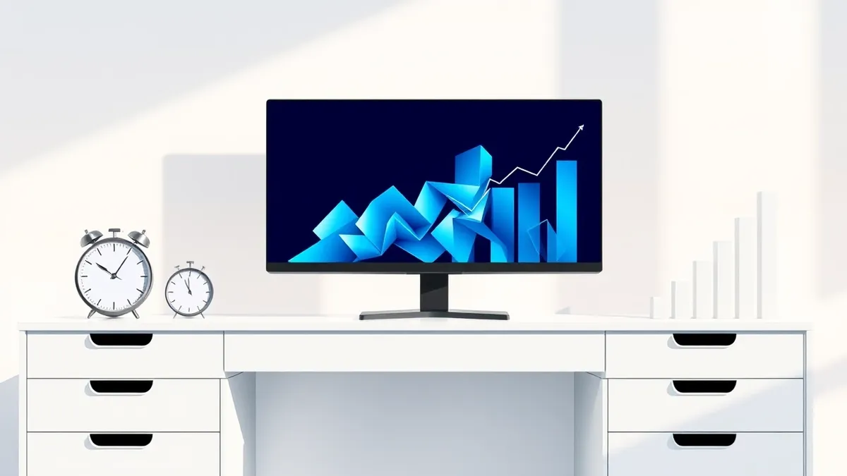 Illustration: A sleek desktop computer sits on a clean white desk next to a ticking stopwatch and a rising bar chart.