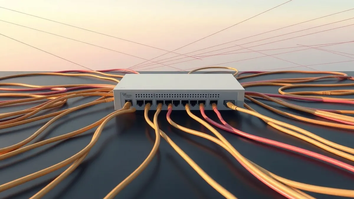 Illustration: A sleek, white rectangular network switch sits on a dark table, surrounded by thick, colorful cables that snake outward in an organized web.