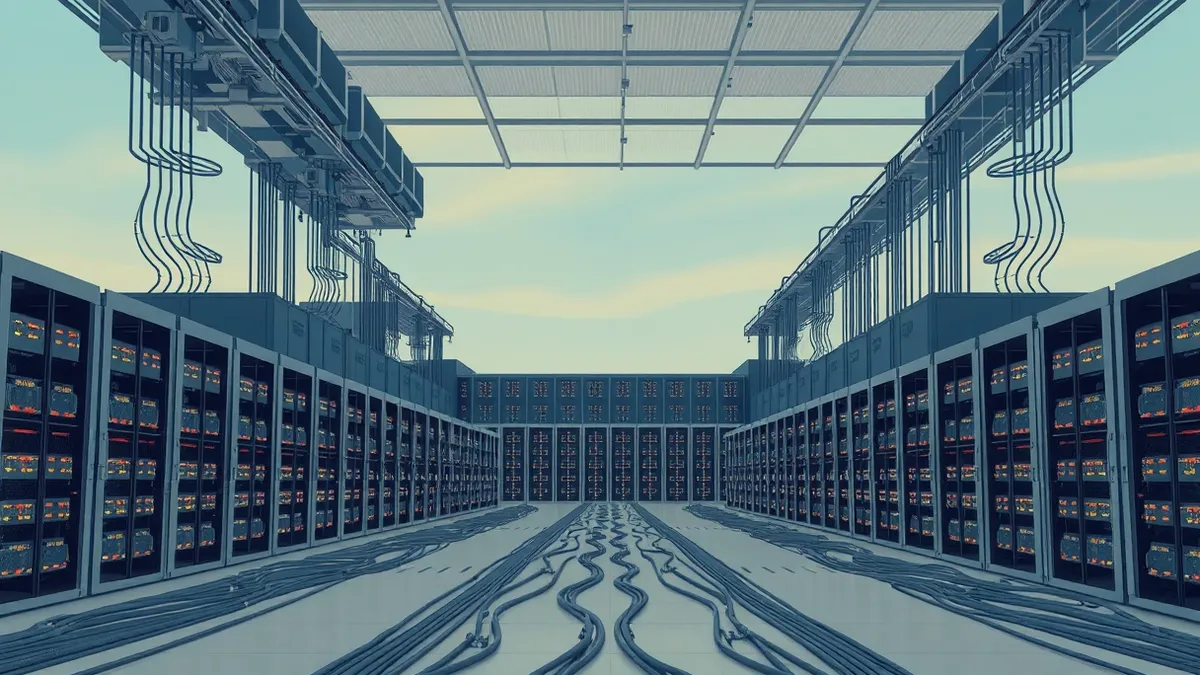 Illustration: A massive, windowless industrial building with large ventilation fans on its roof.