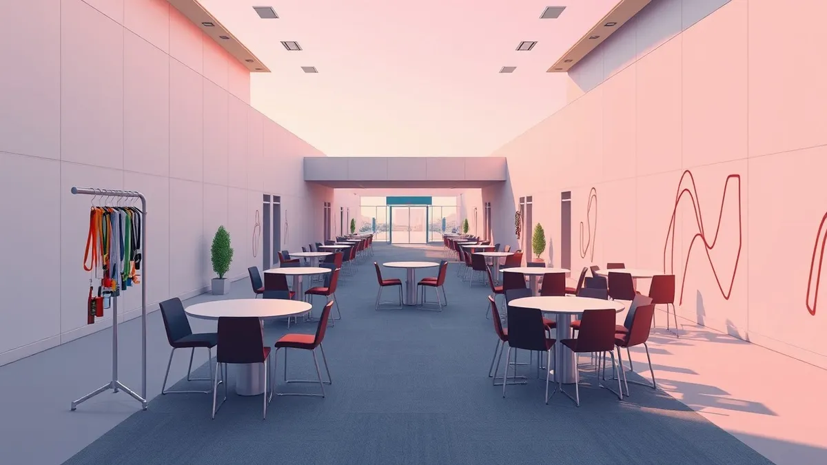 Illustration: A bustling convention center hallway in San Francisco features empty high-top tables and scattered chairs.