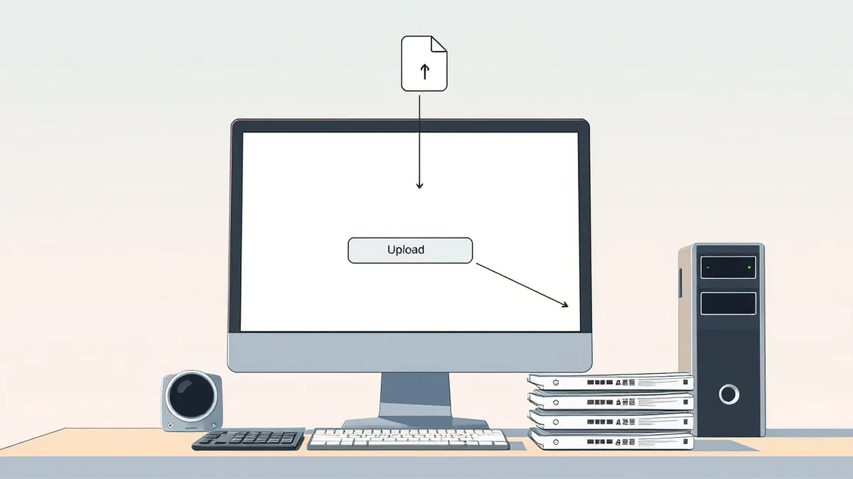Illustration: A blank computer monitor displays a simplified web interface with an upload button.