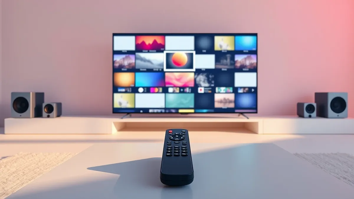 Illustration: A sleek black remote control rests on a minimalist coffee table, pointing toward a large flat-screen television displaying a grid of colorful, abstract video thumbnai
