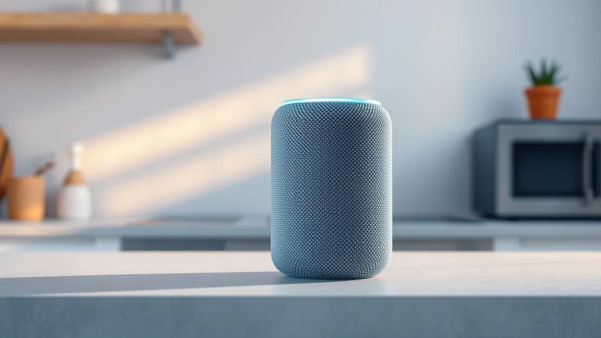 Illustration: A small cylindrical smart speaker sits on a kitchen counter.