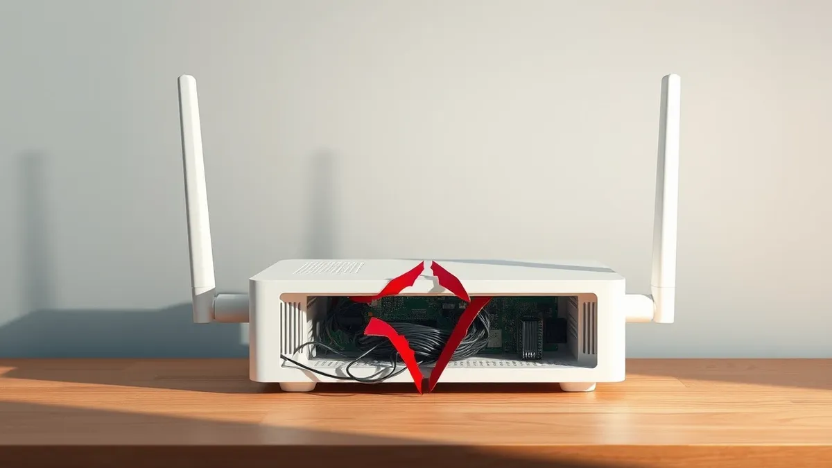 Illustration: A white wireless router sits on a wooden desk with its indicator lights off.