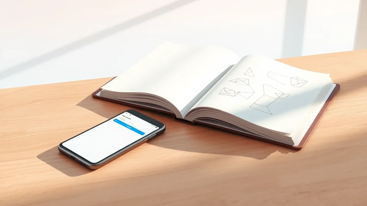 Illustration: A sleek smartphone rests on a wooden desk next to an open notebook filled with abstract geometric sketches.