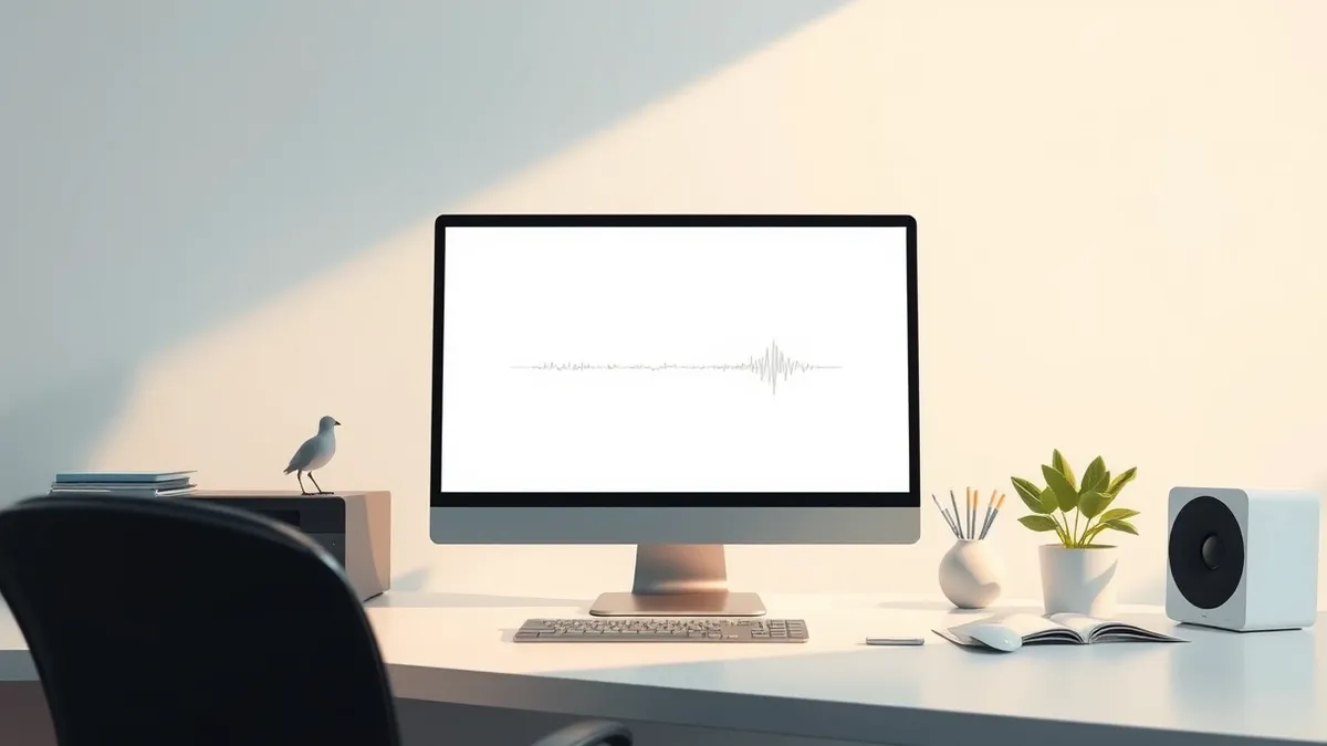 Illustration: A sleek desktop computer sits on a clean white desk with its monitor displaying a single minimalist voice waveform.
