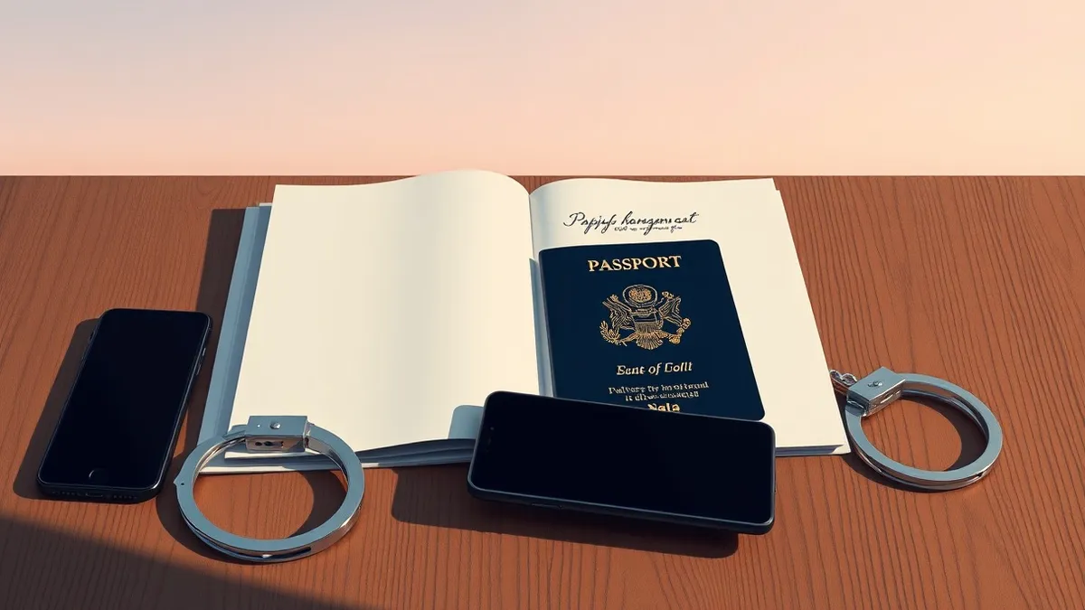 Illustration: A passport lies open on a wooden table next to a pair of handcuffs.