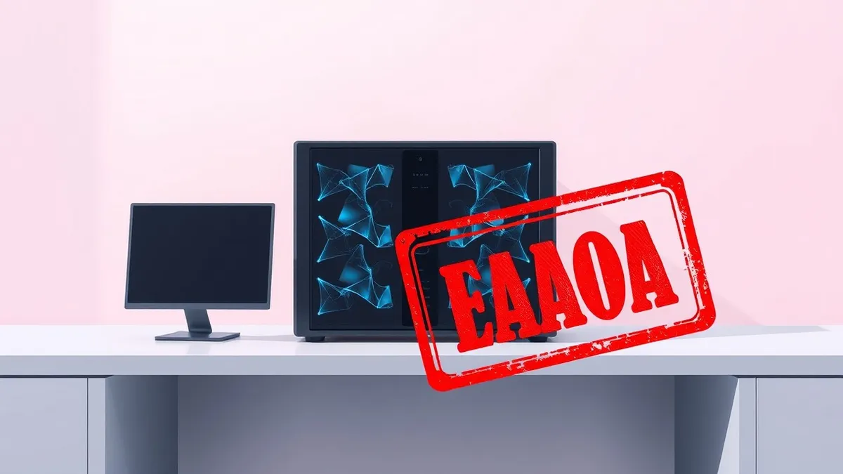 Illustration: A sleek black server unit sits on a clean white desk, its front panel glowing with soft blue abstract light patterns.