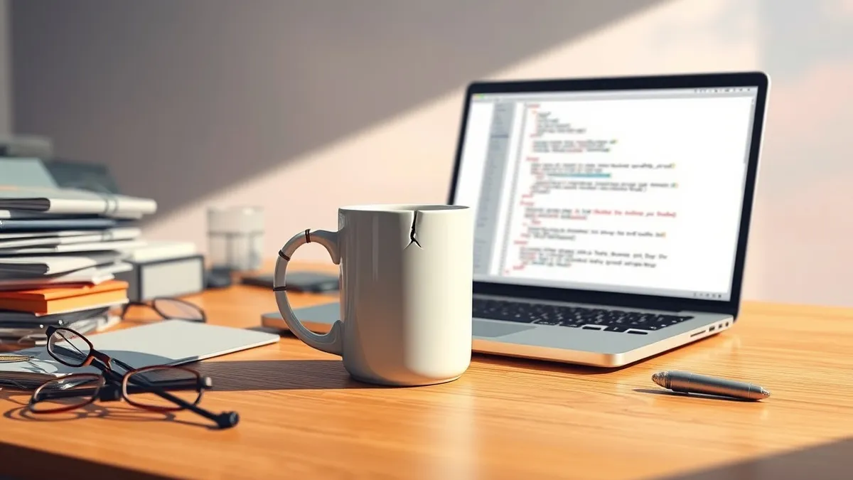 Illustration: A white ceramic coffee mug sits on a cluttered wooden desk beside a silver laptop displaying a blank code editor window.
