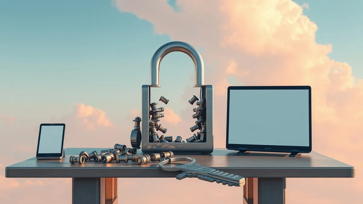 Illustration: A large, intricate lock mechanism sits open on a steel table.