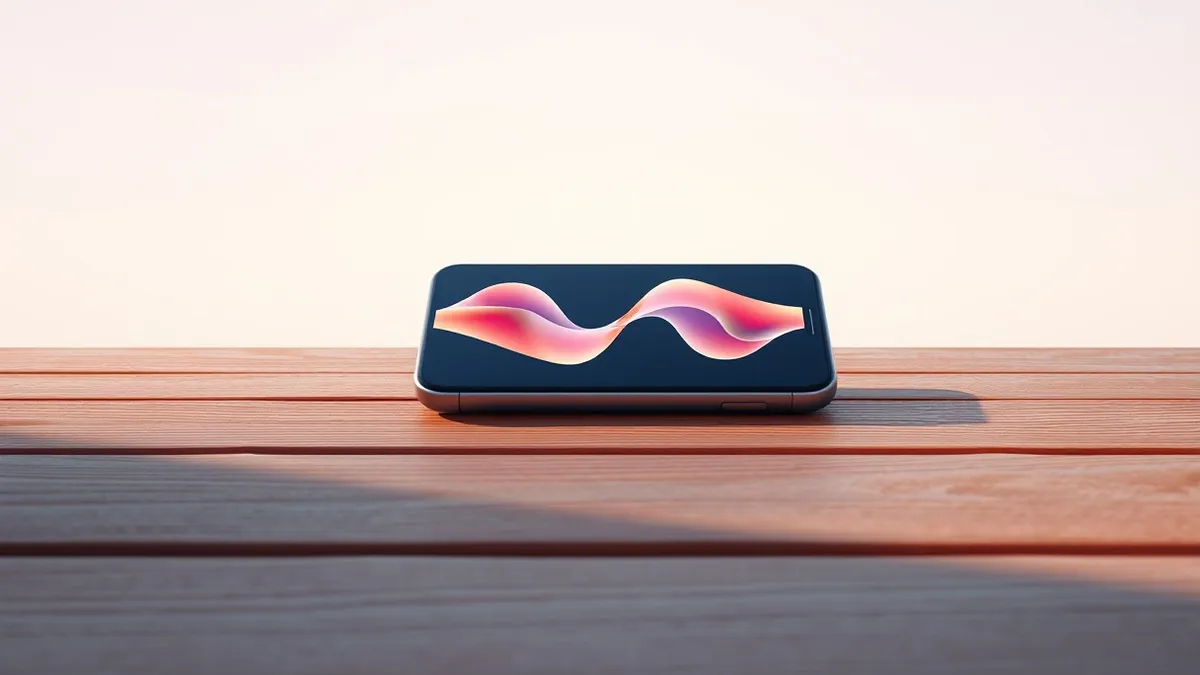Illustration: A smartphone rests on a wooden table, its screen glowing with soft, abstract waveforms that mimic the rhythm of human speech.