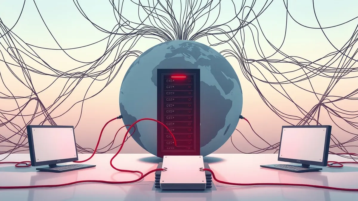 Illustration: A tangled web of dark fibers connects three distinct globe segments to a central server rack.