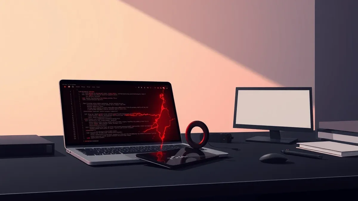 Illustration: A sleek black command-line interface tool sits on a dark desk, its surface subtly fractured by glowing red cracks that leak a viscous, oily substance.