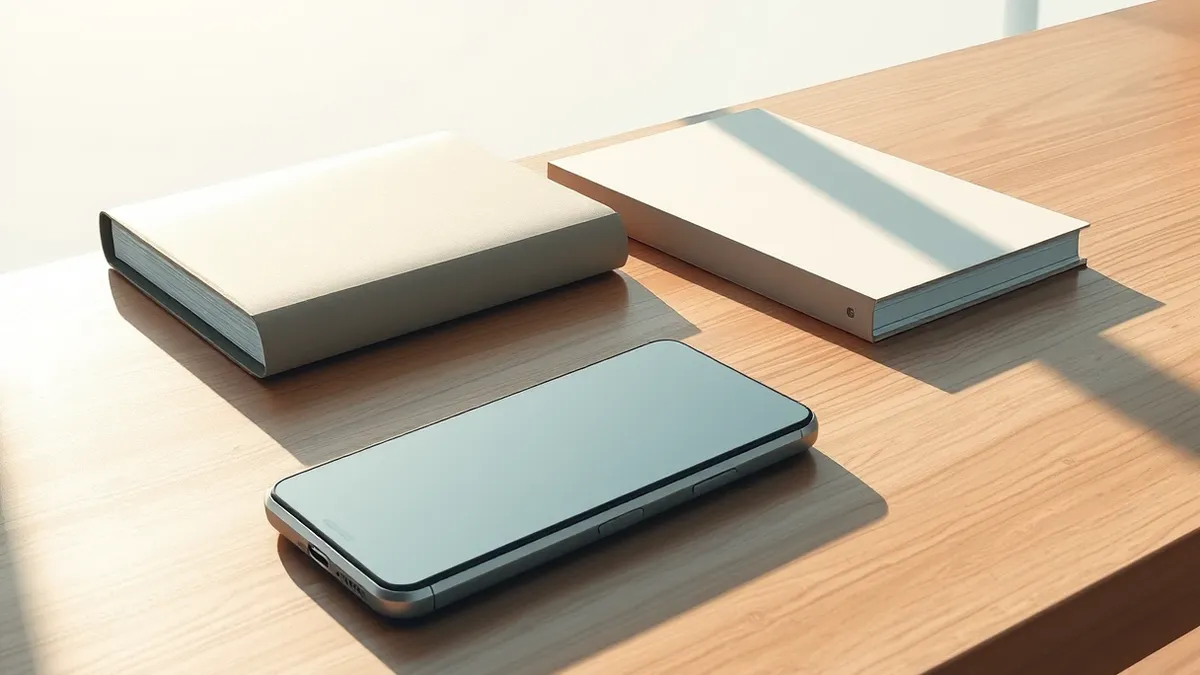 Illustration: A sleek, featureless smartphone rests on a polished wooden table beside a thick hardcover book with a plain cover.