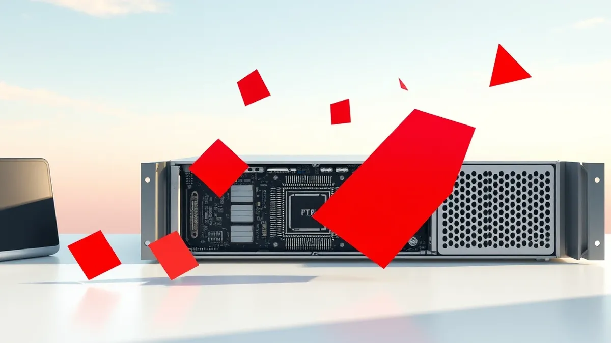 Illustration: A sleek silver server blade sits open on a clean white desk, revealing its internal circuitry.