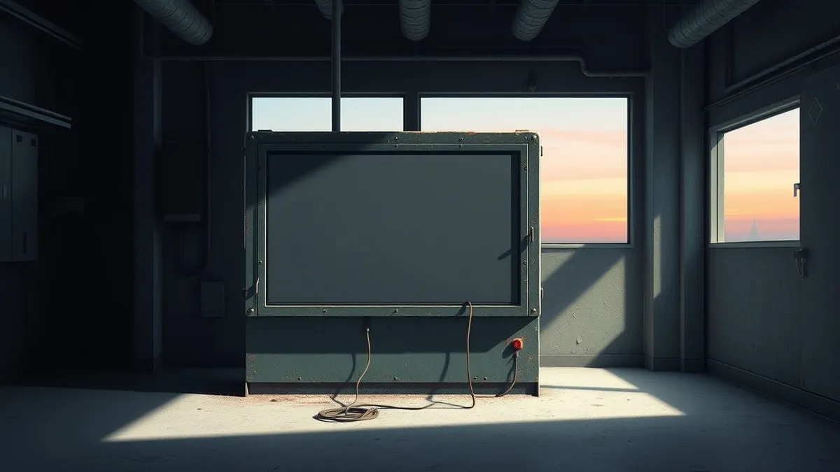 Illustration: A weathered industrial control panel sits in a dim utility room, its blank screen reflecting the red warning light of a disconnected cable.