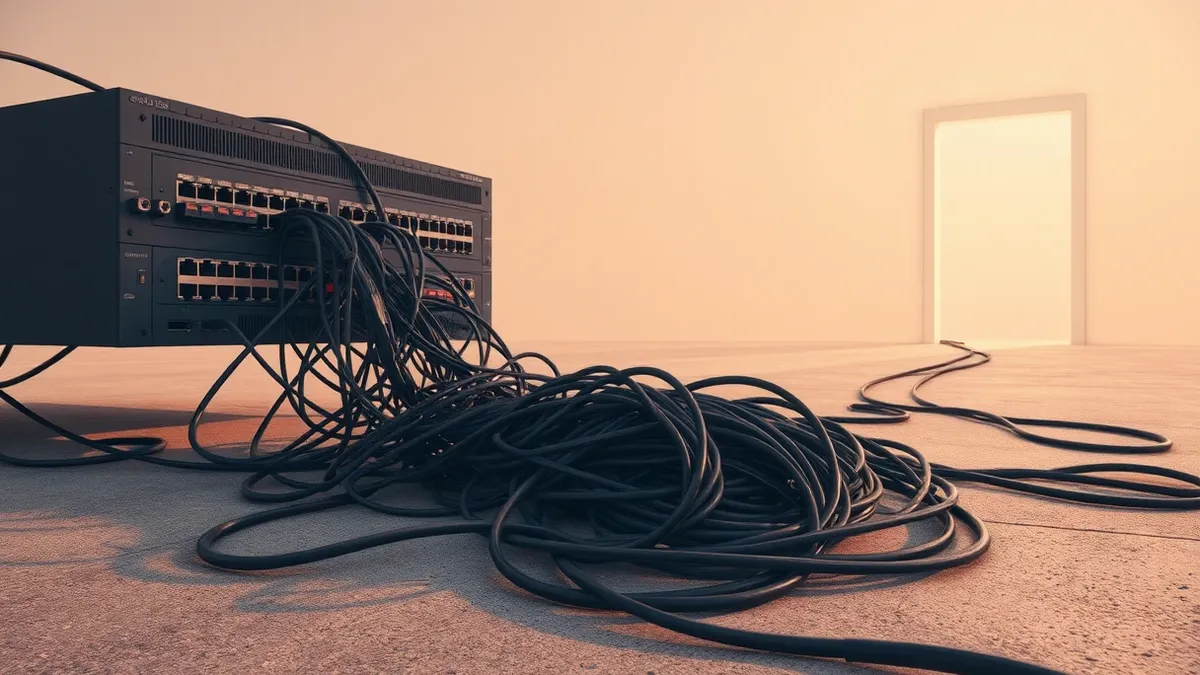 Illustration: A tangle of tangled ethernet cables spills from a broken network switch onto a concrete floor.