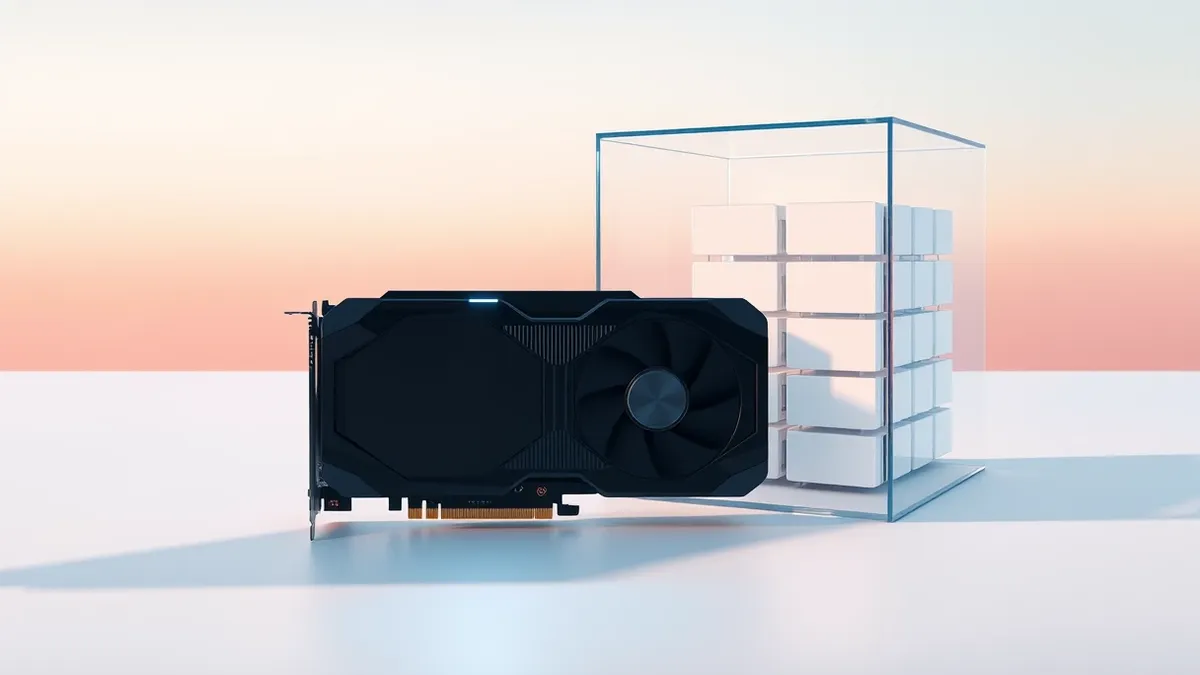 Illustration: A sleek black graphics card rests on a white surface next to a transparent glass cube containing neatly stacked, blank rectangular tiles representing structured data