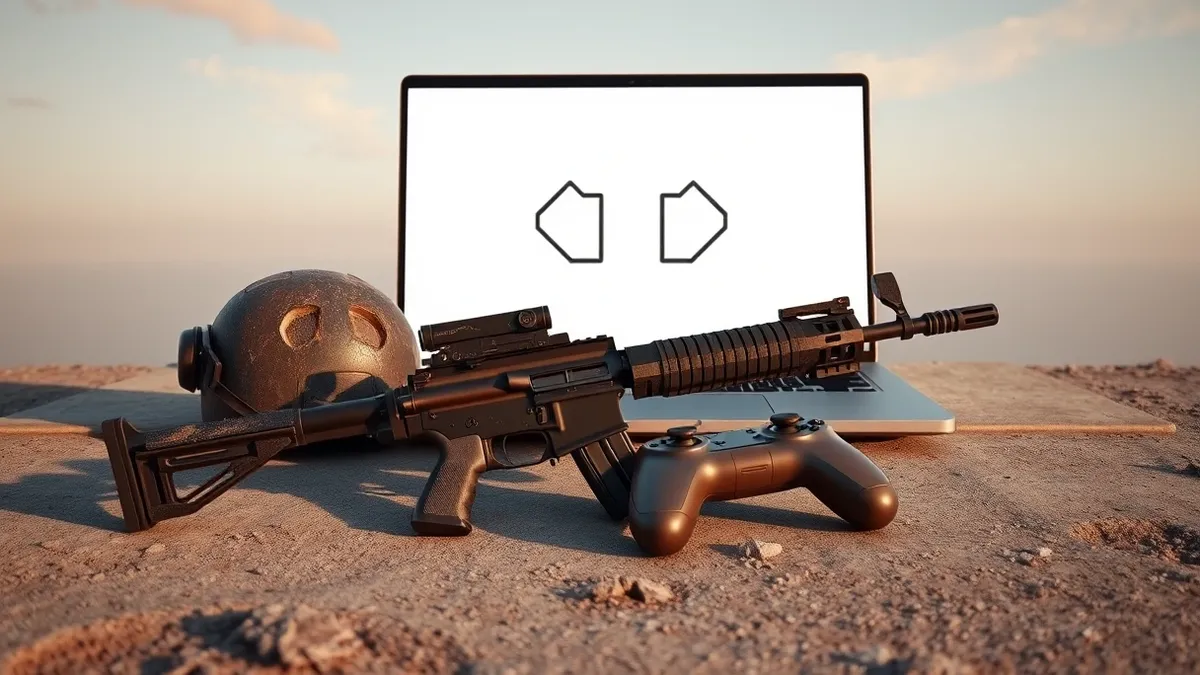 Illustration: A rugged assault rifle rests on dusty concrete next to a cracked helmet.