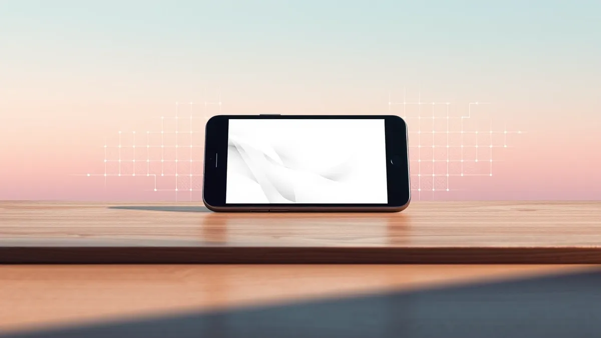 Illustration: A smartphone rests on a wooden desk, its screen displaying a blank white rectangle with subtle, swirling abstract patterns.
