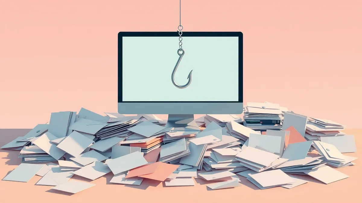 Illustration: A scattered pile of generic office supplies, including blank envelopes and unmarked letters, surrounds a single, isolated computer monitor displaying a simple phishin
