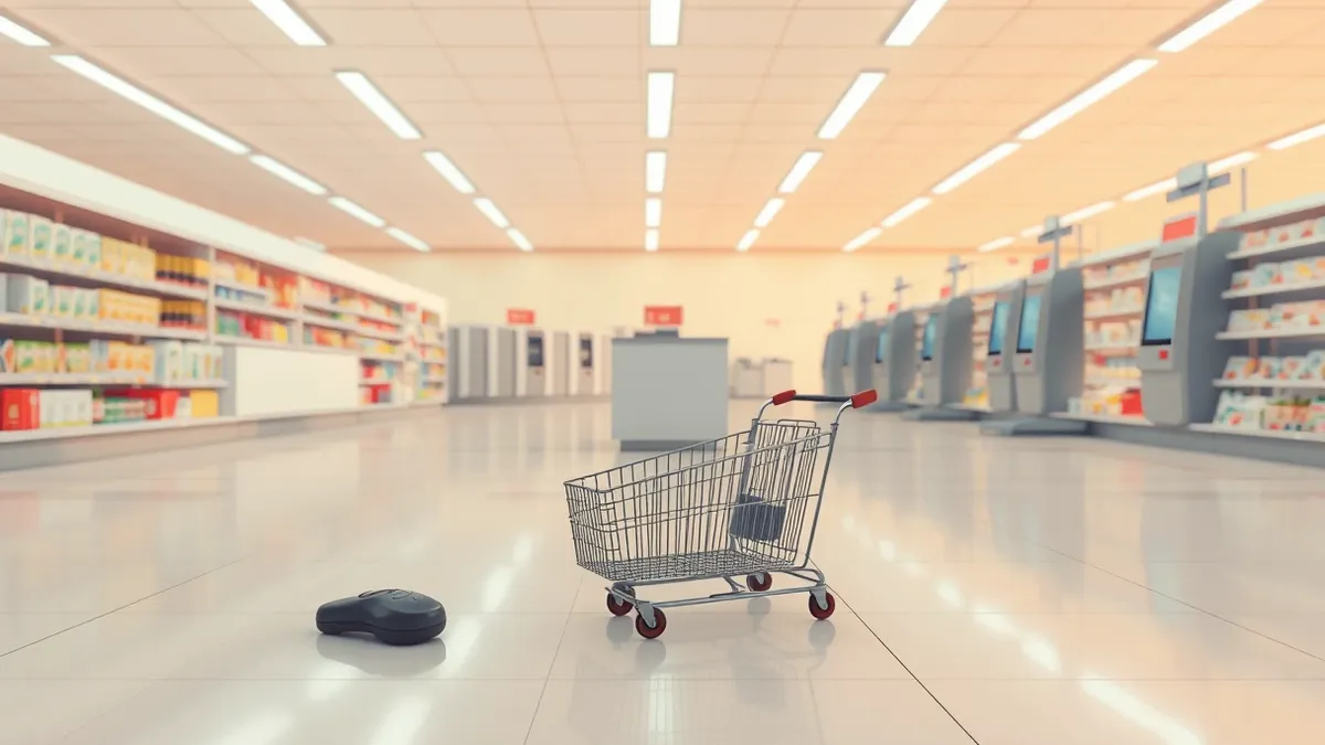 Illustration: A checkout counter sits empty in a brightly lit grocery aisle.