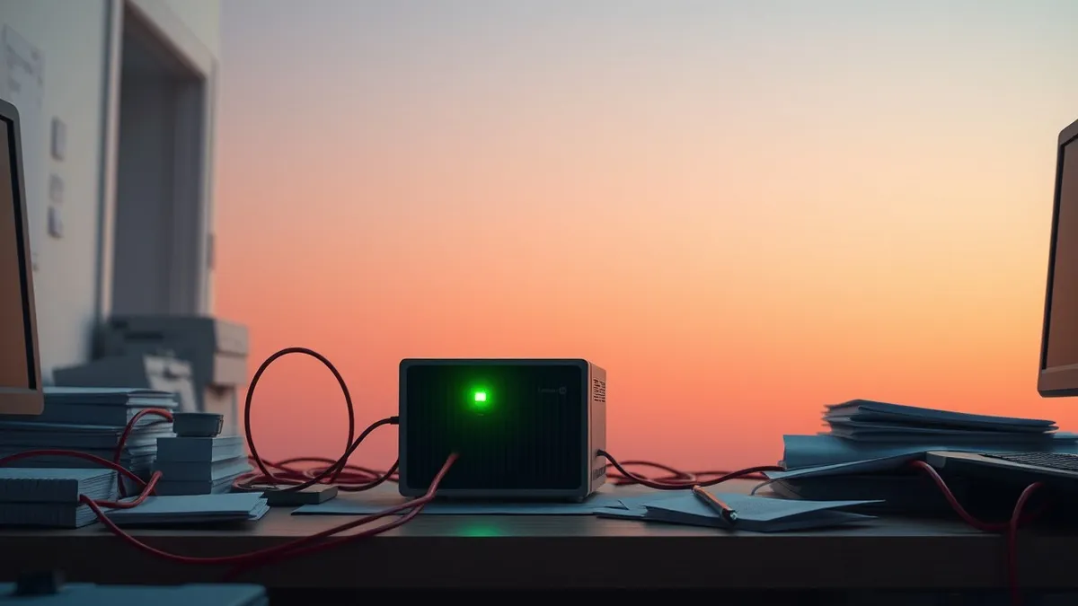 Illustration: A small black backup device sits on a messy office desk.