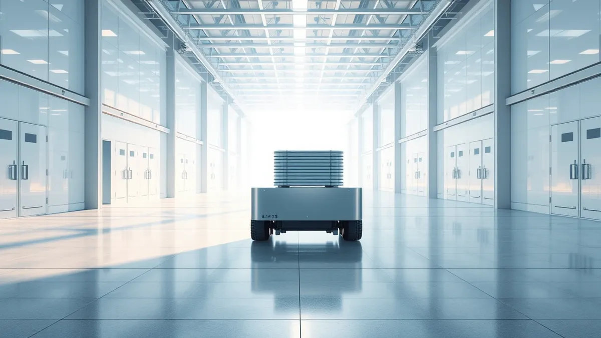 Illustration: A sleek, boxy autonomous guided vehicle glides silently across the polished concrete floor of a sterile semiconductor fabrication plant.