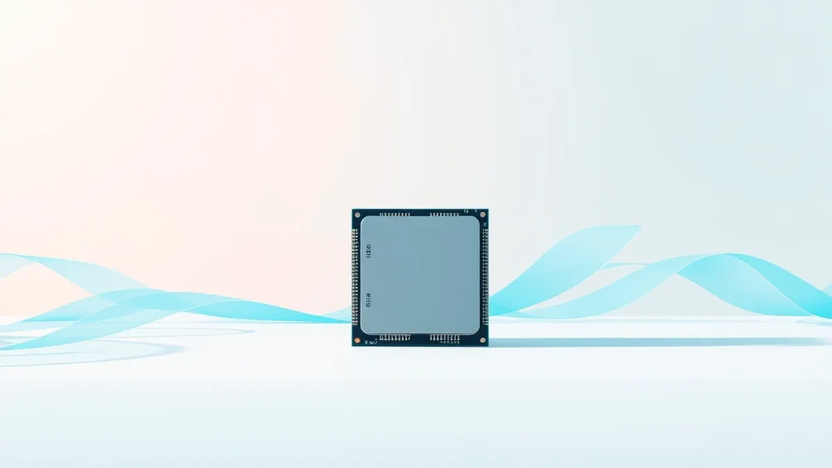 Illustration: A compact microprocessor sits on a clean white surface, surrounded by smooth, undulating ribbons of blue light that mimic rising and falling data trends.