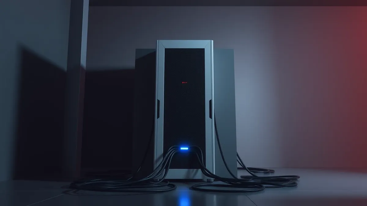 Illustration: A sleek white server rack sits in a dark room with its front panel lights blinking red.