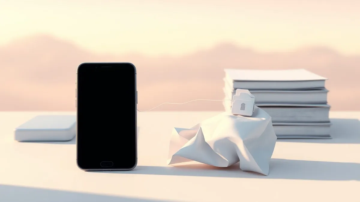 Illustration: A blank smartphone screen rests beside a crumpled Docker container file on a desk.