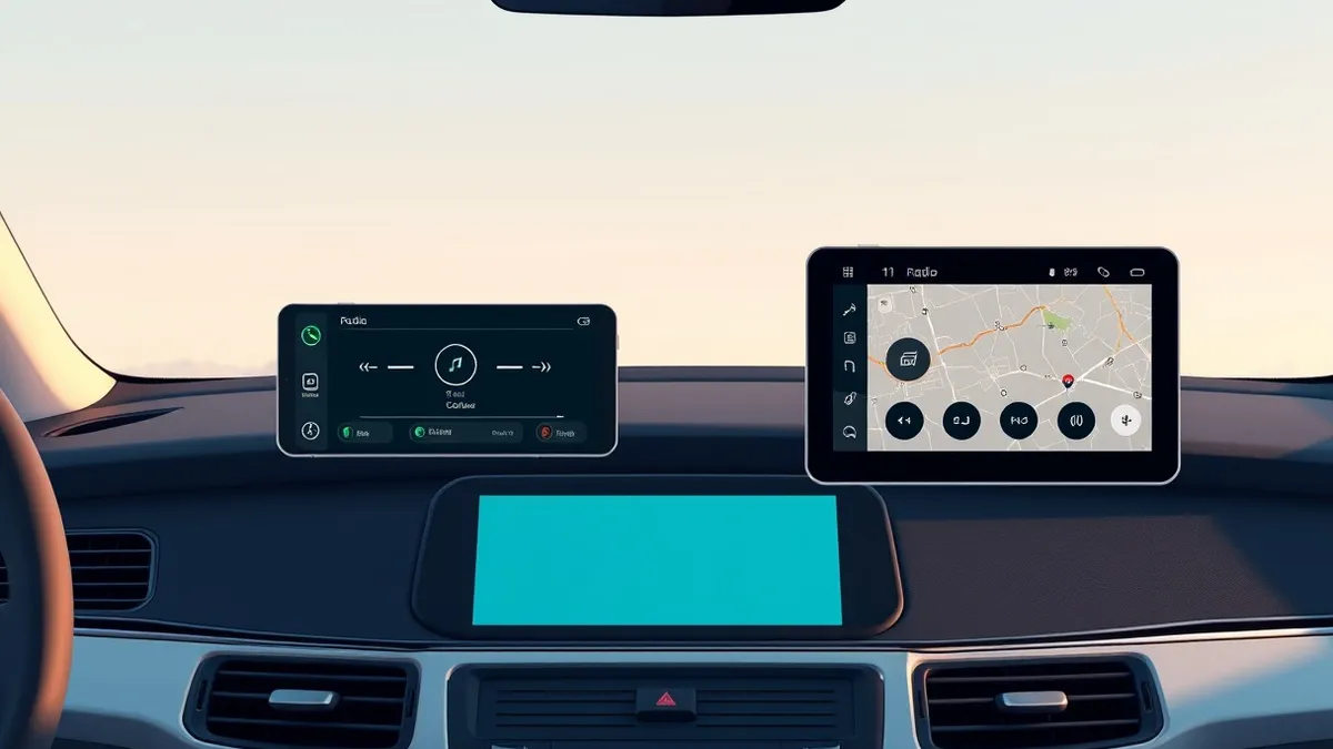 Illustration: A car dashboard screen displays a full vehicle interface with climate controls and navigation alongside a smaller floating window showing only radio and maps, illustr