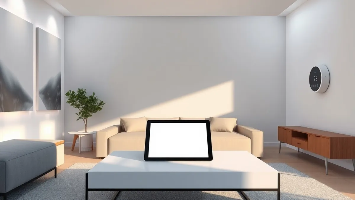 Illustration: A sleek, minimalist living room features a blank tablet resting on a modern coffee table, with soft ambient lighting glowing from abstract wall panels and a clean, un