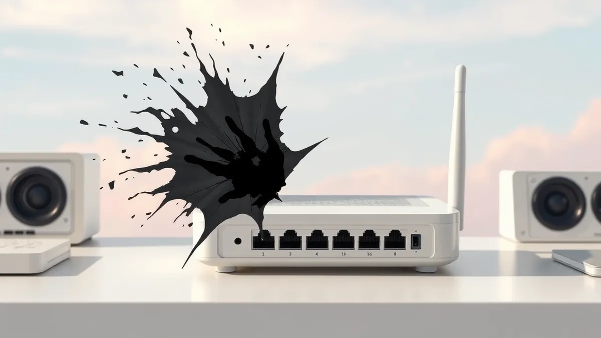 Illustration: A generic white Wi-Fi router sits on a desk with its ports exposed, while a dark, jagged digital fracture spreads across its plastic casing, symbolizing the critical