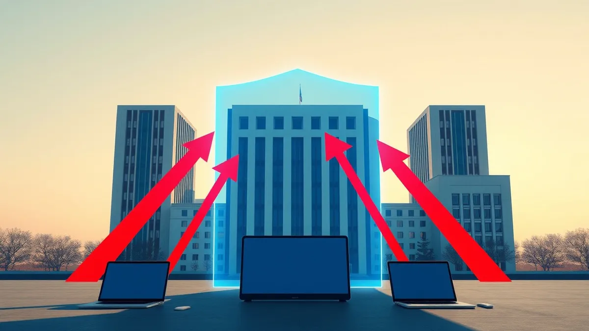 Illustration: A sleek Italian government building stands behind a translucent digital shield that deflects jagged red arrows.