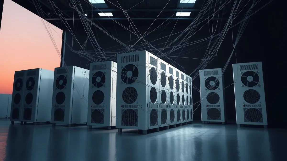 Illustration: A row of identical silver server blades sits in a dark room with cooling fans spinning.