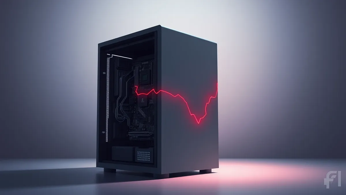 Illustration: A sleek, standalone server tower sits in a dimly lit room with its side panel removed to reveal intricate circuit boards.