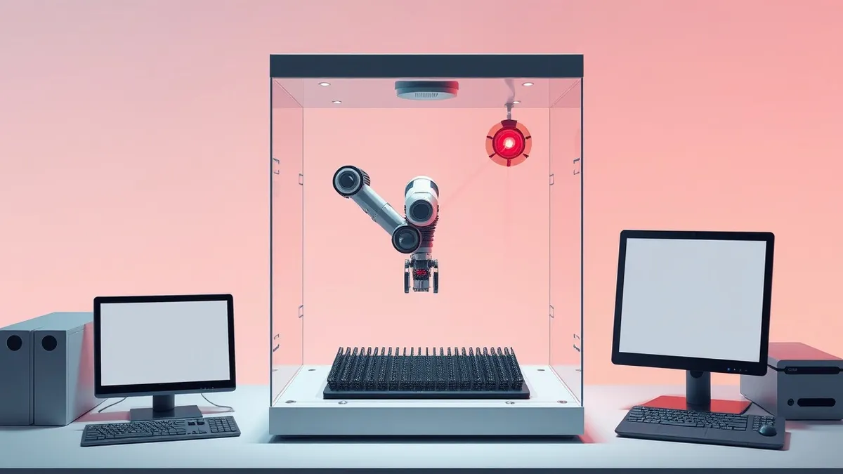 Illustration: A sleek, standalone inspection kiosk sits on a clean desk.