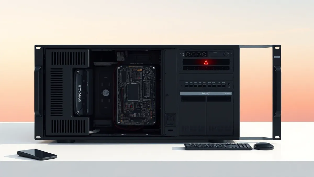 Illustration: A sleek black network security appliance sits on a clean white desk, its side panel removed to reveal internal circuitry.