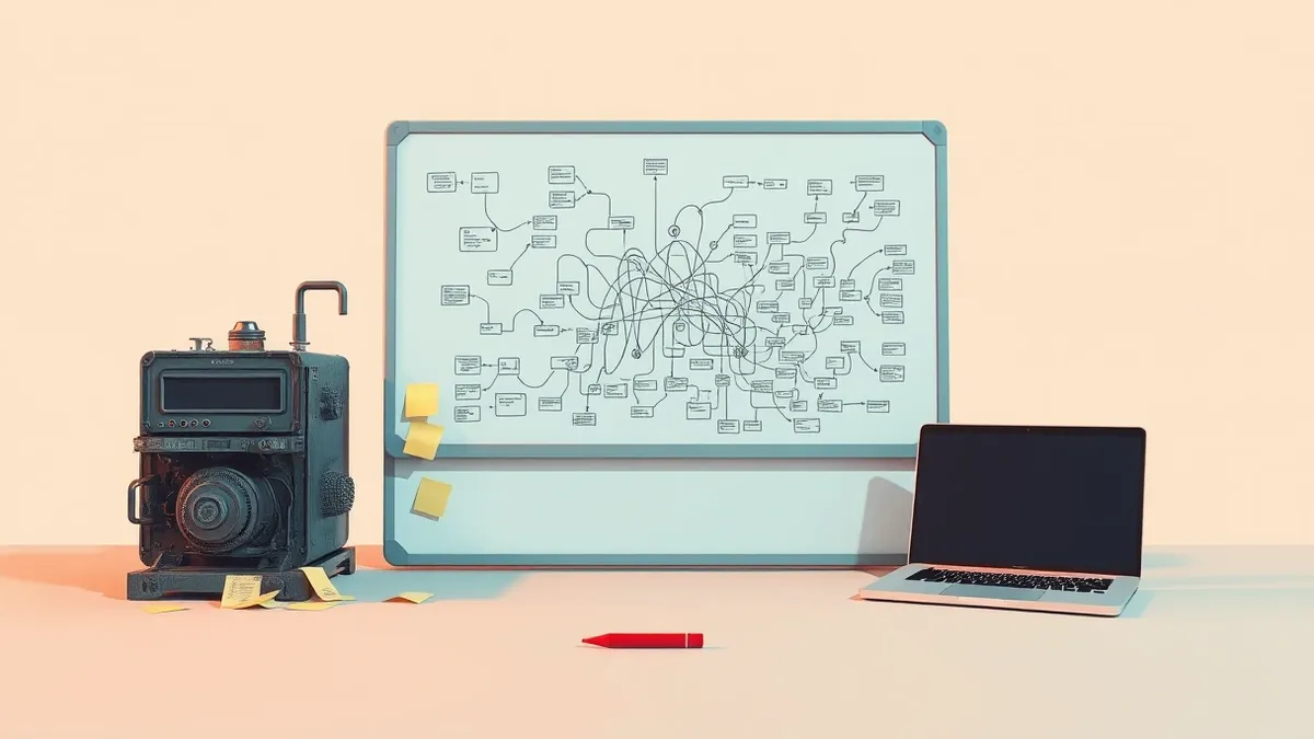 Illustration: A whiteboard covered in dense, abstract flowchart lines stands between a vintage industrial machine and a sleek laptop.