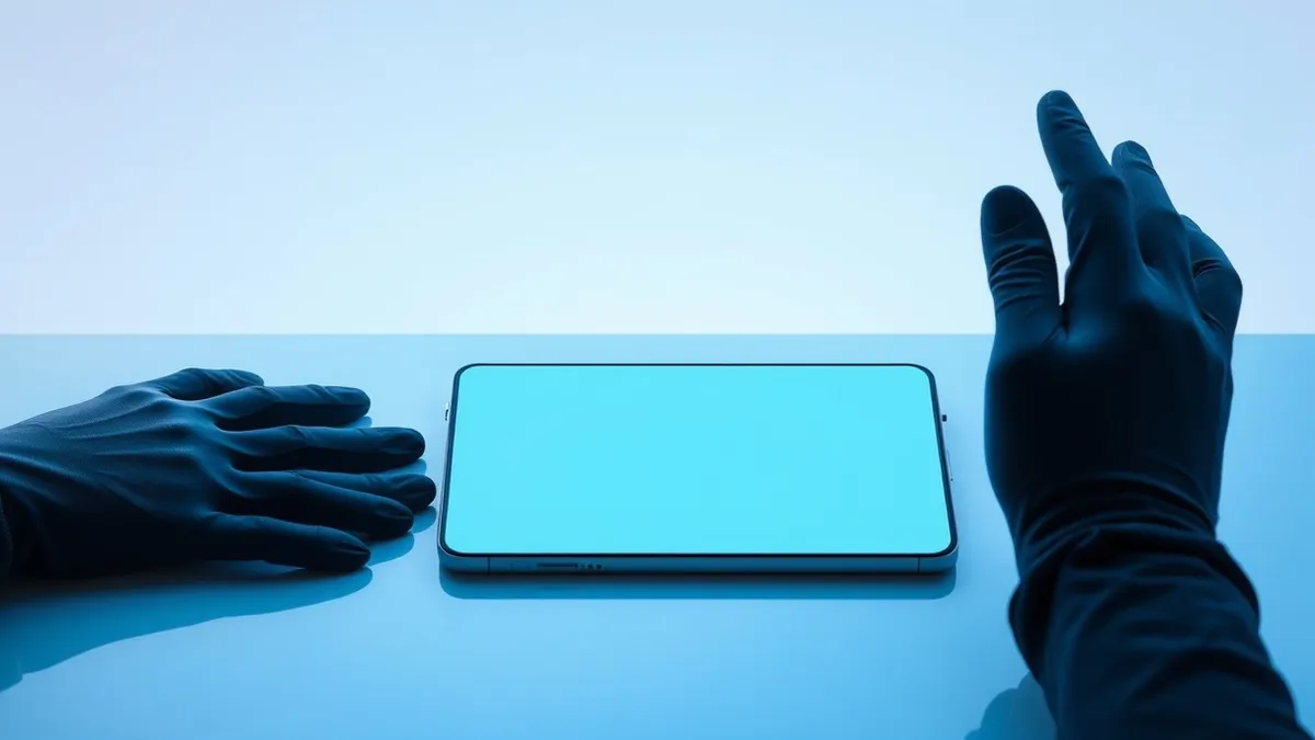 Illustration: A blank smartphone rests on a polished desk next to a sleek metal keycard and a pair of black gloves.