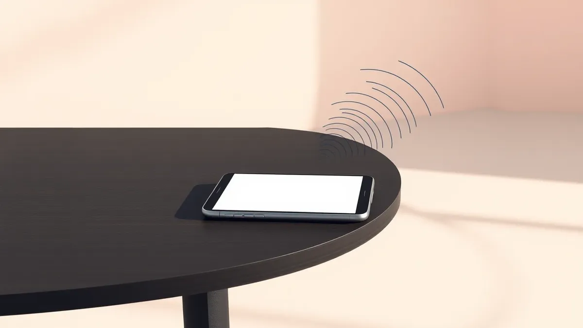 Illustration: A modern smartphone rests on a dark wooden table, its screen displaying a blank call interface.