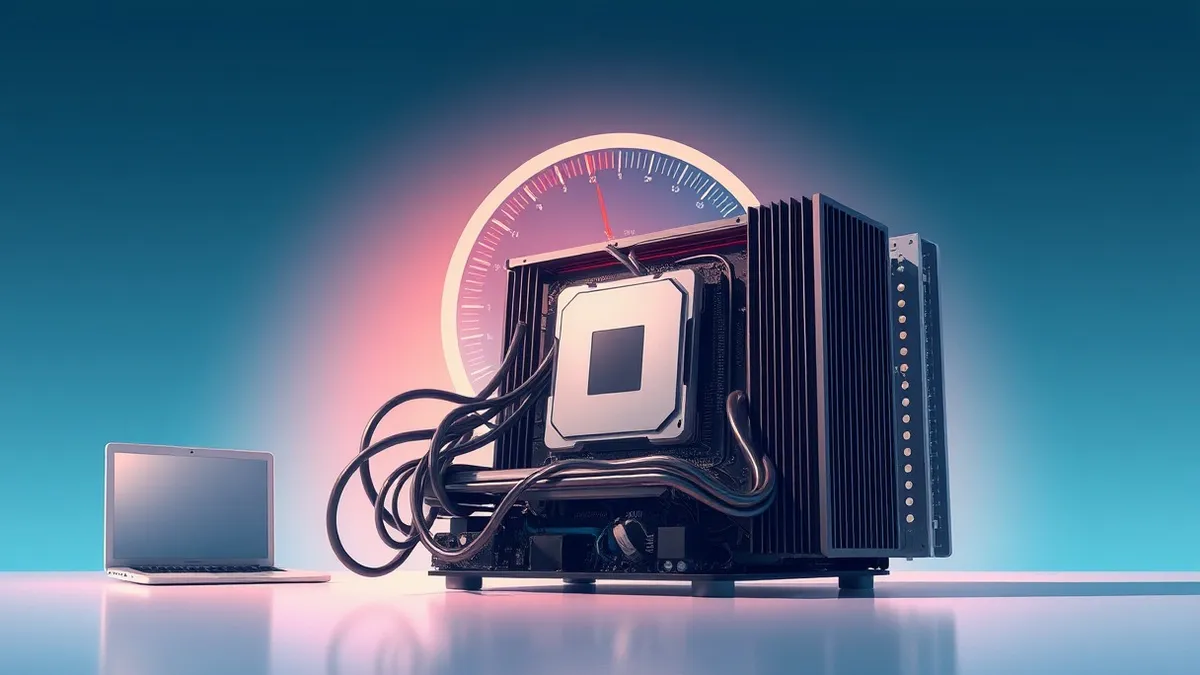 Illustration: A computer processor sits on a motherboard, surrounded by tangled cooling tubes and a large heatsink.