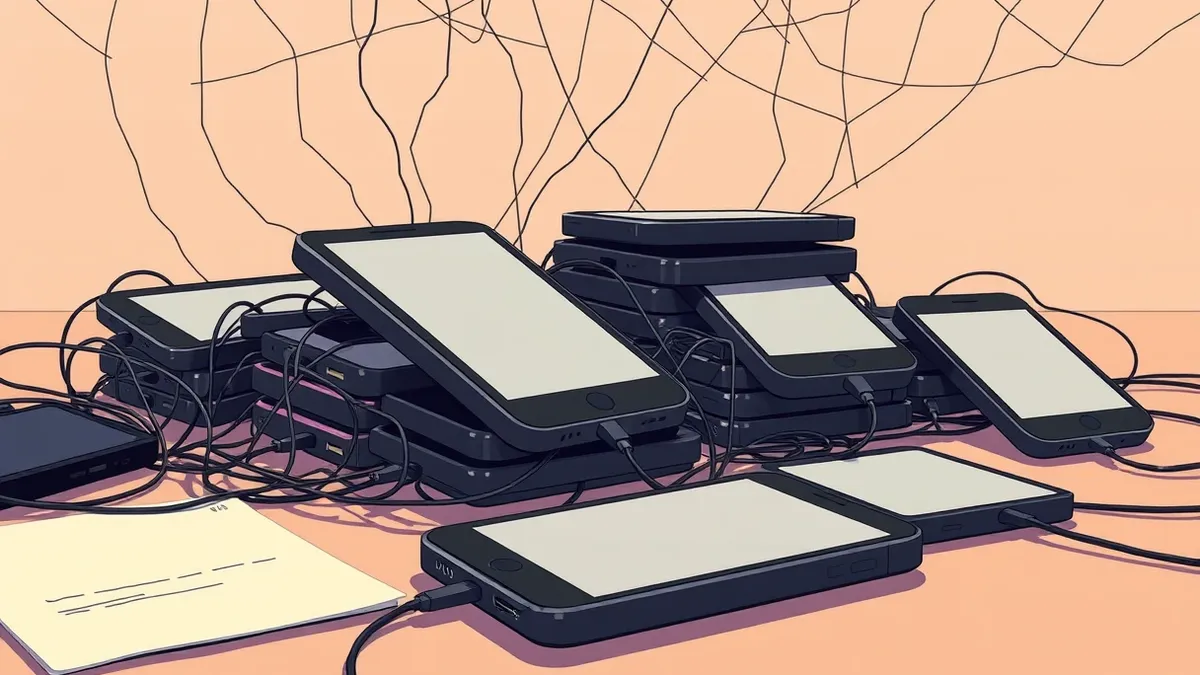 Illustration: A stack of inexpensive black smartphones lies on a cluttered desk.
