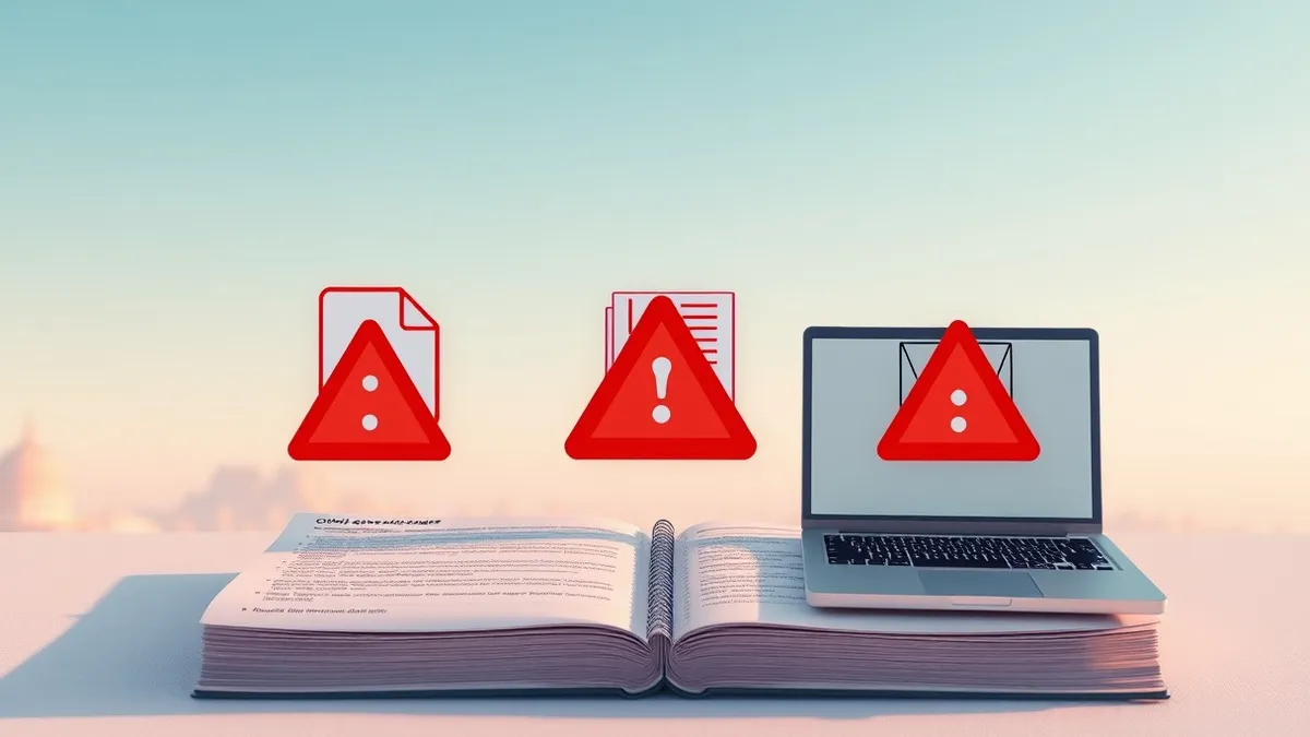 Illustration: Three distinct software icons float above an official government ledger.